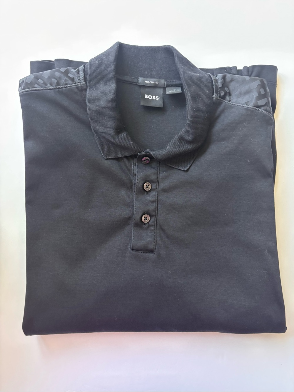 BOSS Hugo Boss Mens L Black Mercerised Polo Shirt Tonal Shoulder Detail